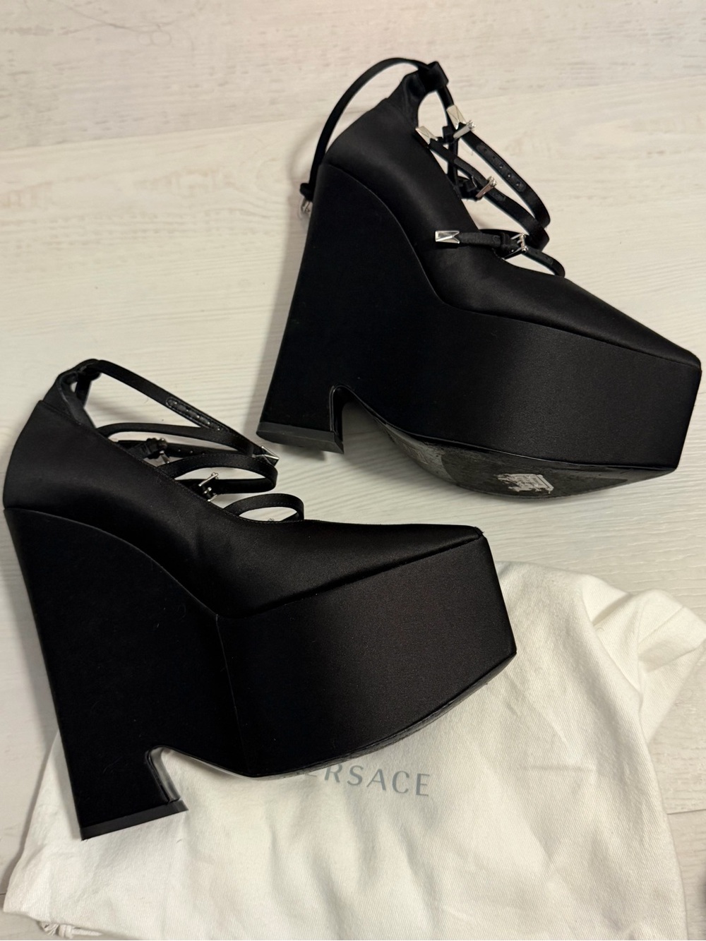Versace Black Satin Platform Wedge Heels with Ankle Straps